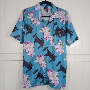 OAF Nation Aloha Shirt Mens XL Blue Floral MP5 Tactical Submachine Gun Button Up